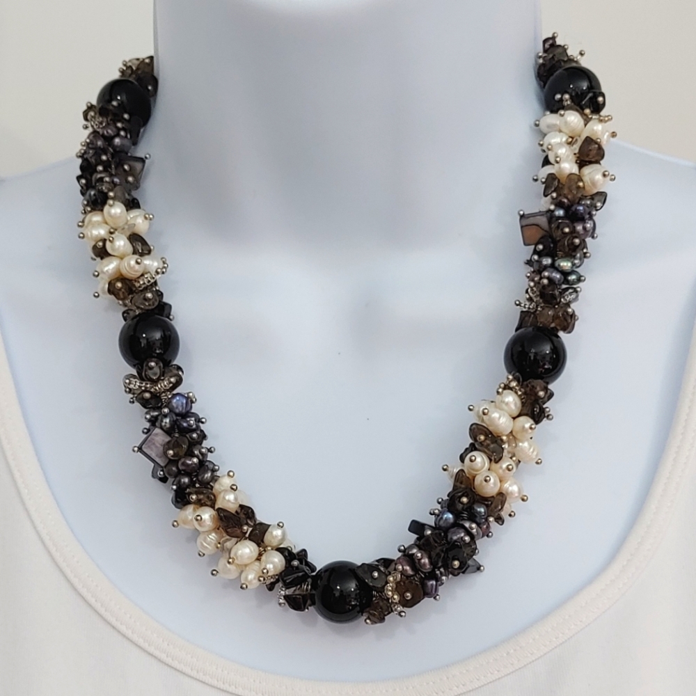 Black & white real pearl necklace with abalone shell, glass & beads, adjustable